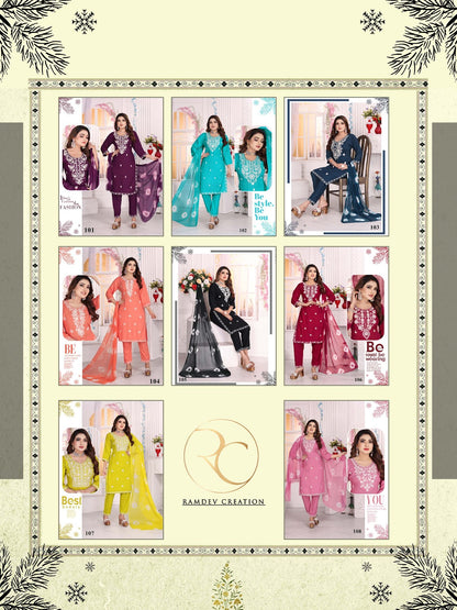 White Beauty Vol 1 Ramdev Creation Rayon 14Kg Readymade Pant Style Suits Exporter Gujarat