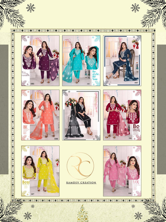 White Beauty Vol 1 Ramdev Creation Rayon 14Kg Readymade Pant Style Suits Exporter Gujarat