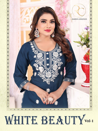 White Beauty Vol 1 Ramdev Creation Rayon 14Kg Readymade Pant Style Suits Exporter Gujarat