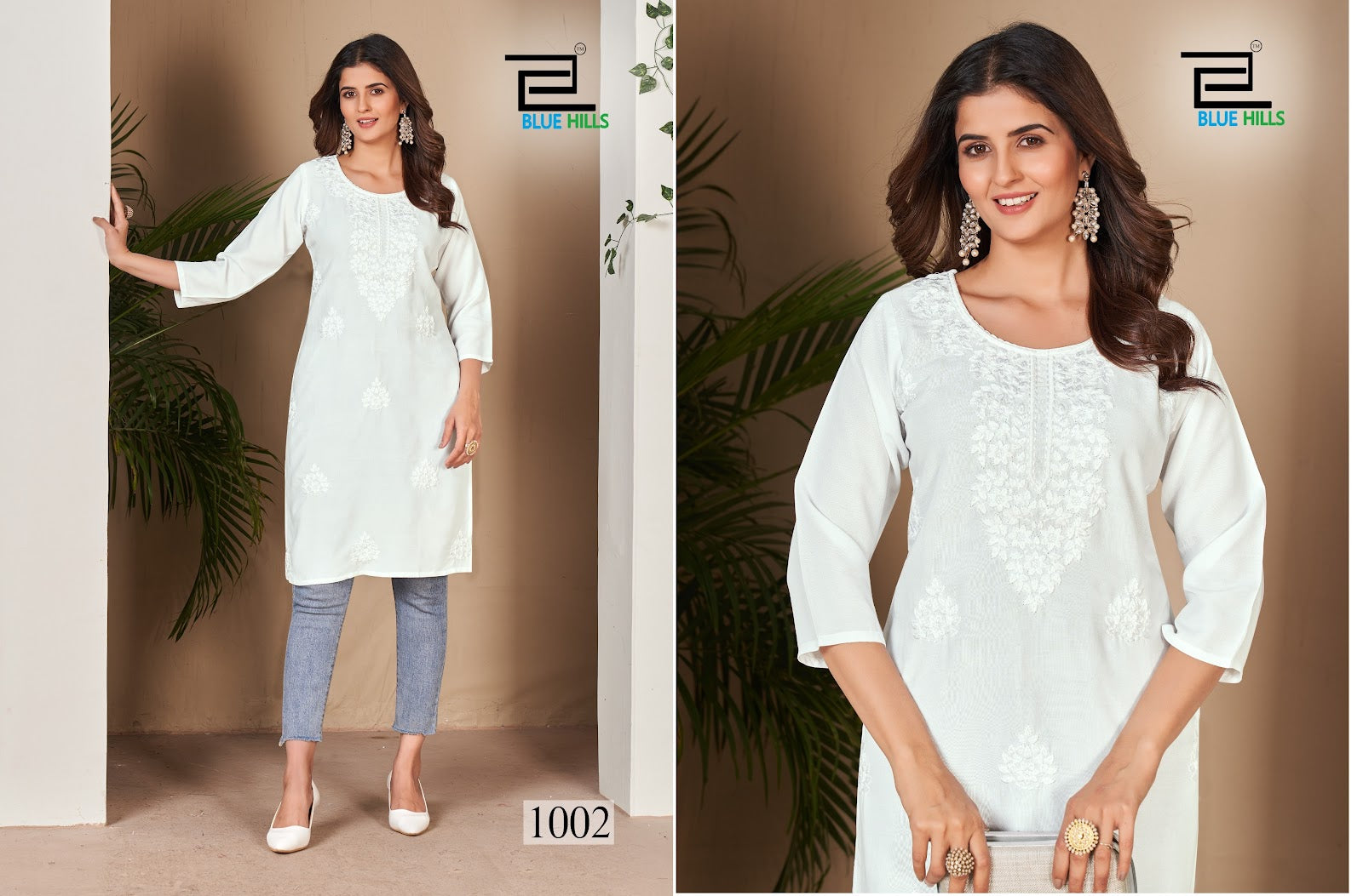 White Blue Hills Rayon 14Kg Knee Length Kurtis