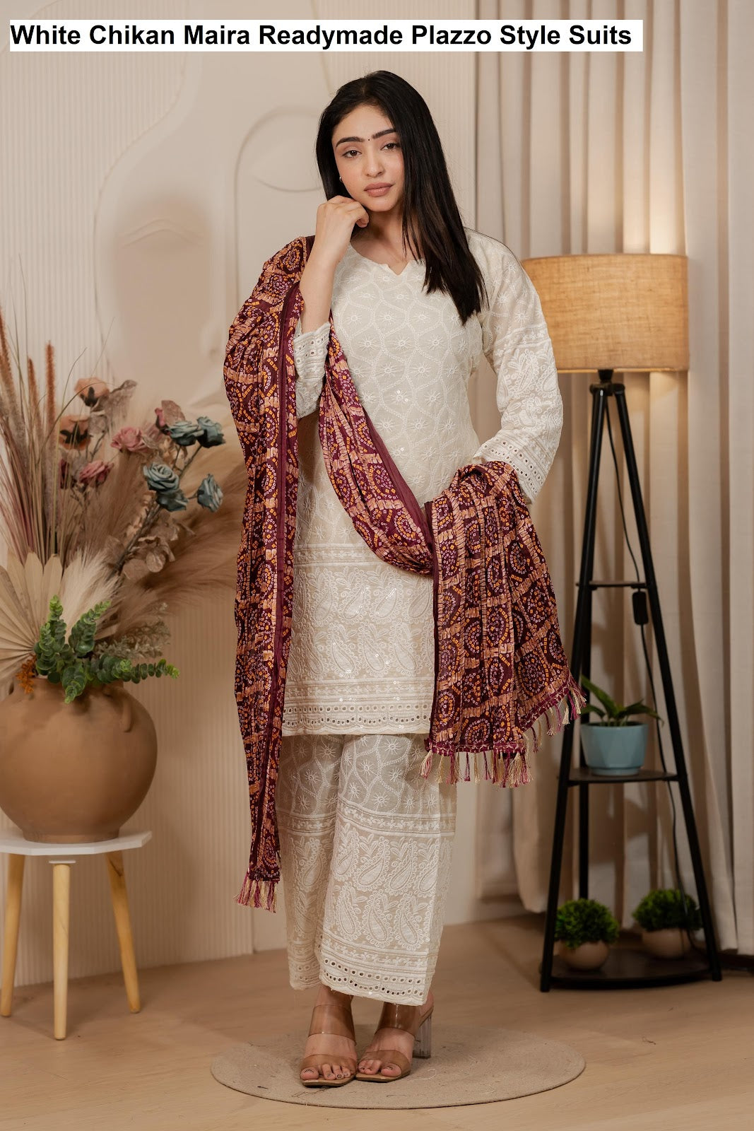 White Chikan Maira Readymade Plazzo Style Suits Wholesale Price