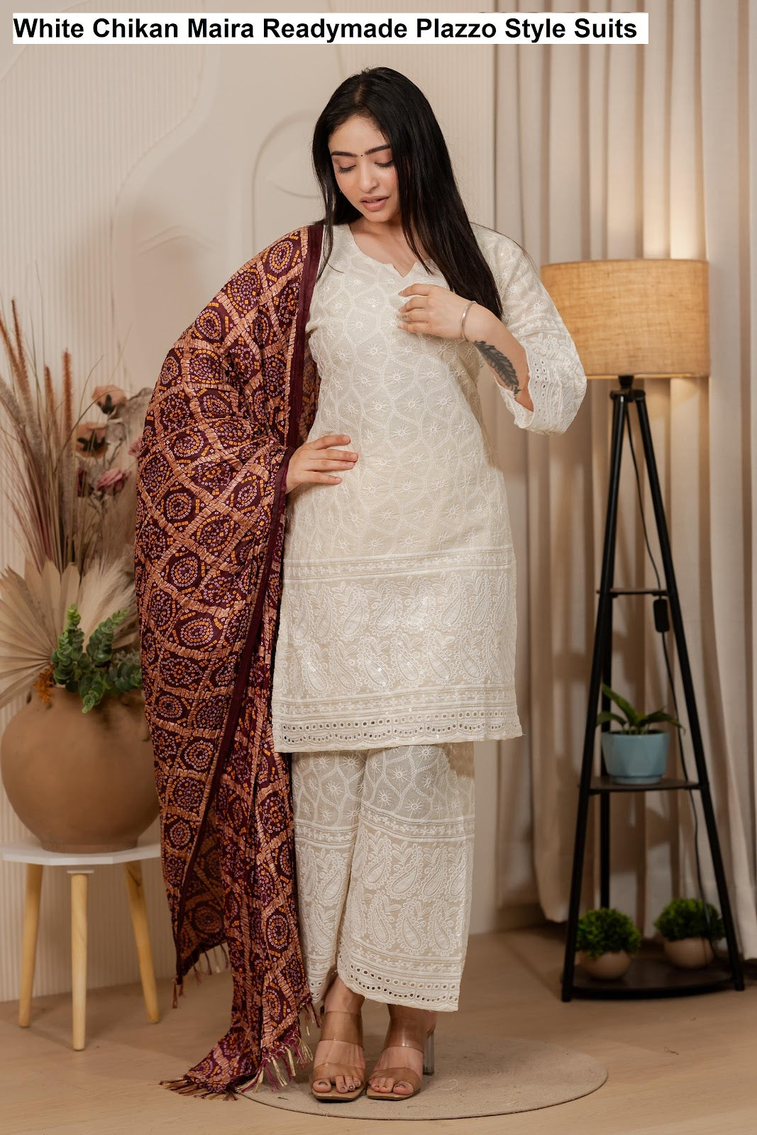 White Chikan Maira Readymade Plazzo Style Suits Wholesale Price