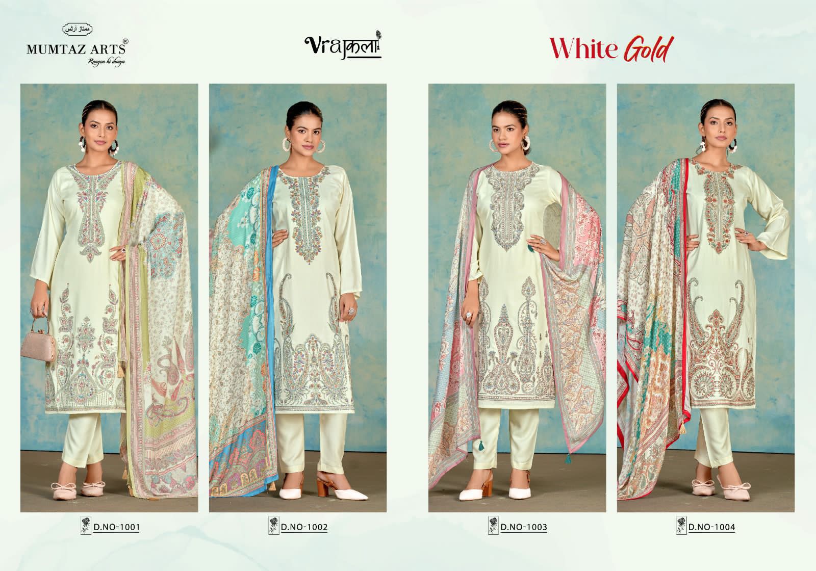 White Gold Mumtaz Arts Pure Viscose Pashmina Suits Supplier