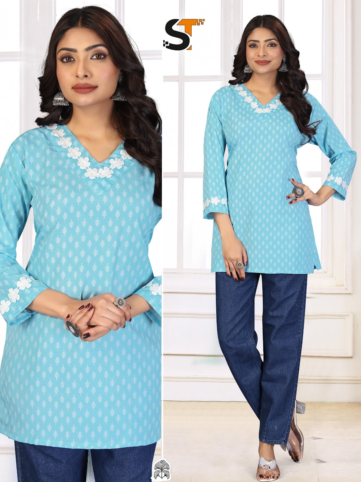 White Lace Work Salas Reyon Short Kurtis Wholesaler