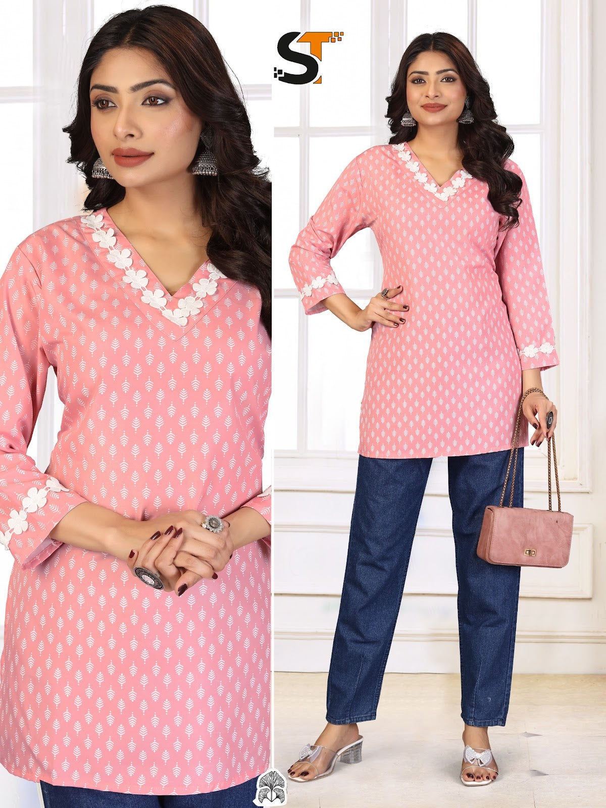 White Lace Work Salas Reyon Short Kurtis Wholesaler
