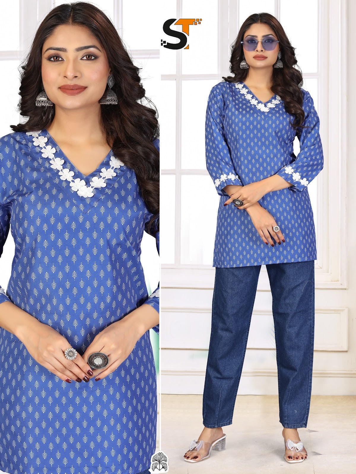White Lace Work Salas Reyon Short Kurtis Wholesaler