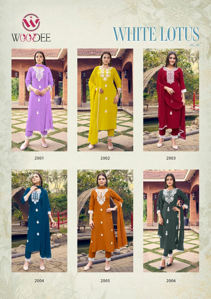White Lotus Vol 2 Woodee Liva Rayon Readymade Pant Style Suits Manufacturer Gujarat
