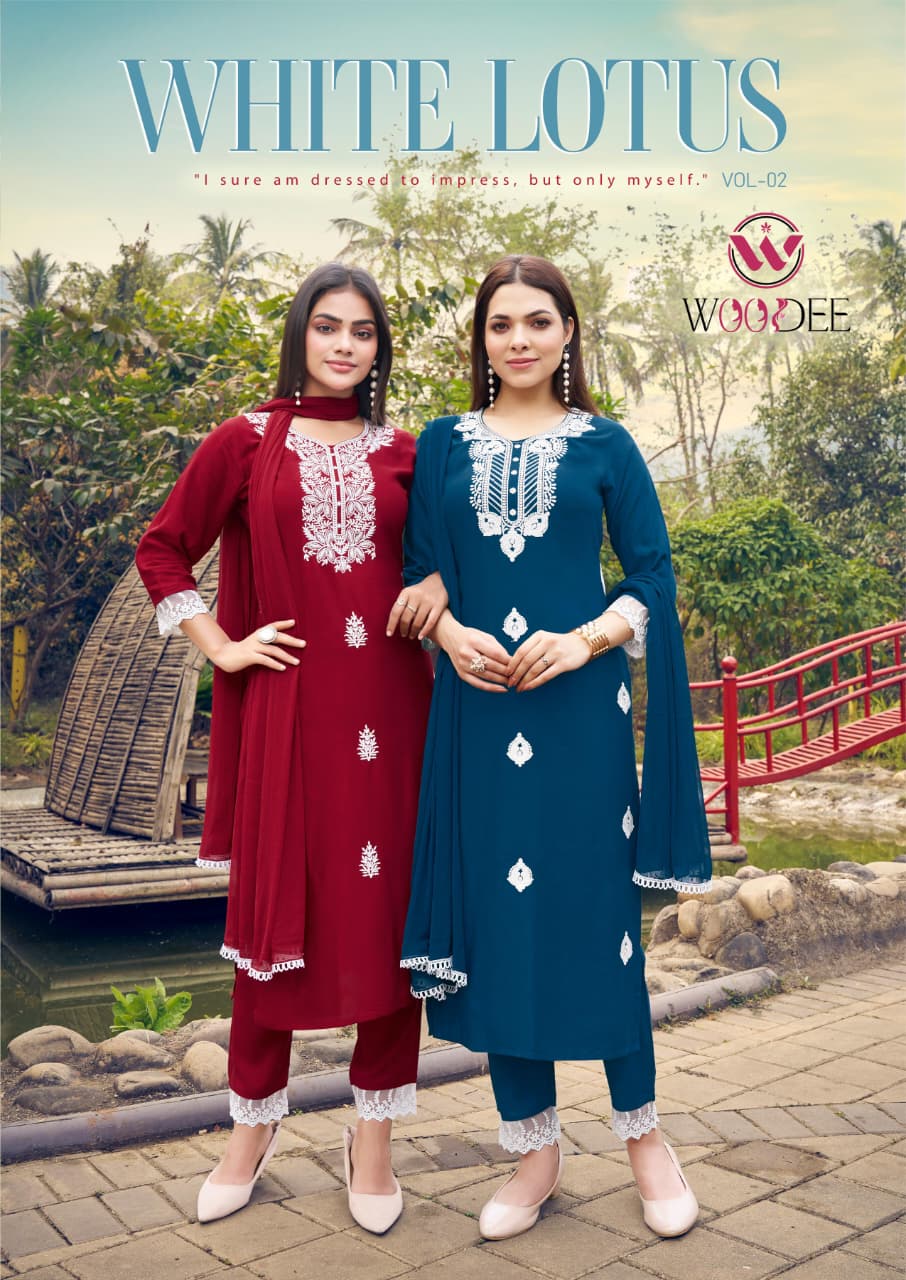 White Lotus Vol 2 Woodee Liva Rayon Readymade Pant Style Suits Manufacturer Gujarat