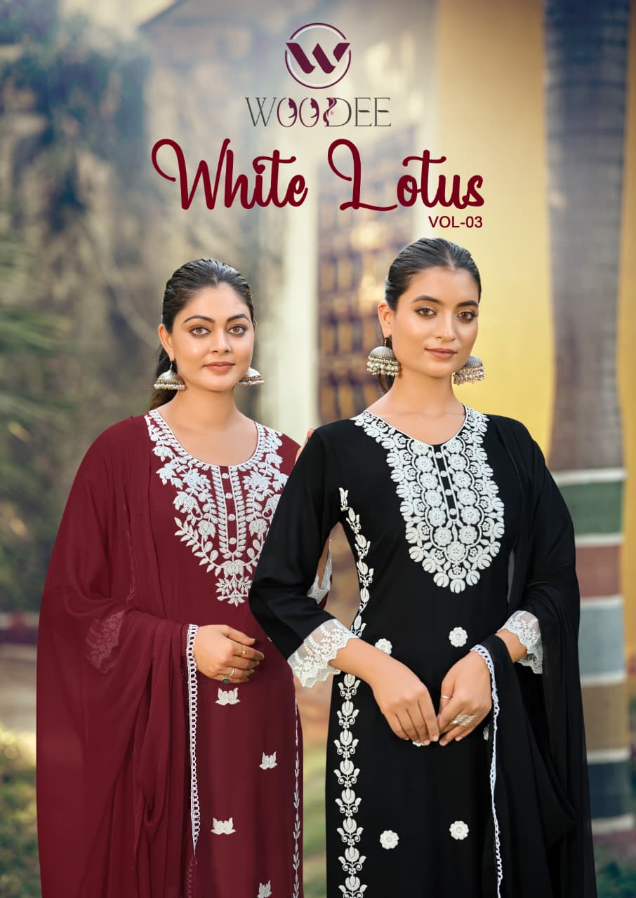 White Lotus Vol 3 Woodee Liva Rayon Readymade Pant Style Suits Wholesaler India