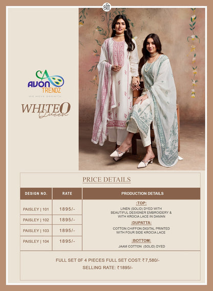 White O Queen Avon Trendz Linen Pant Style Suits Manufacturer India