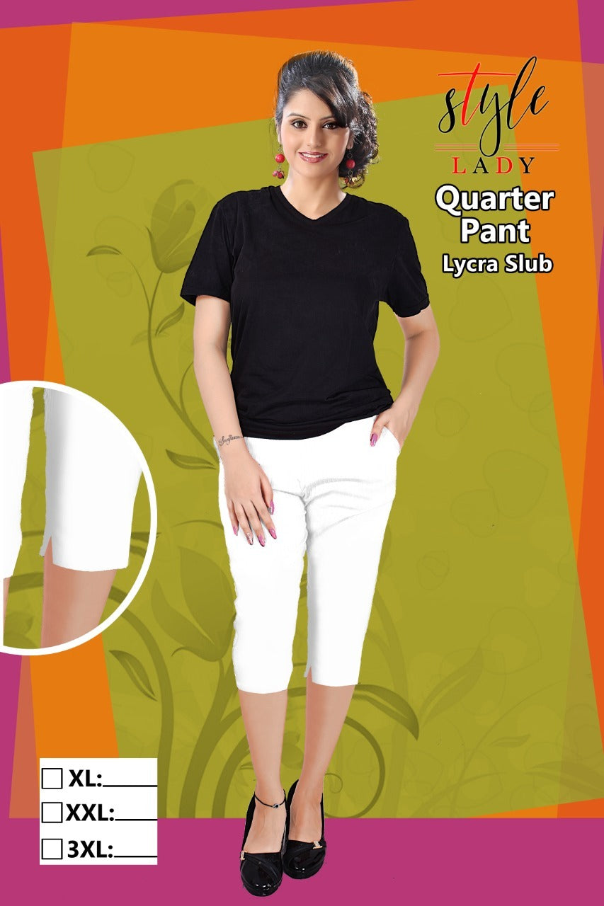 White Plain Ladys Lycra Quarter Pant Exporter Ahmedabad