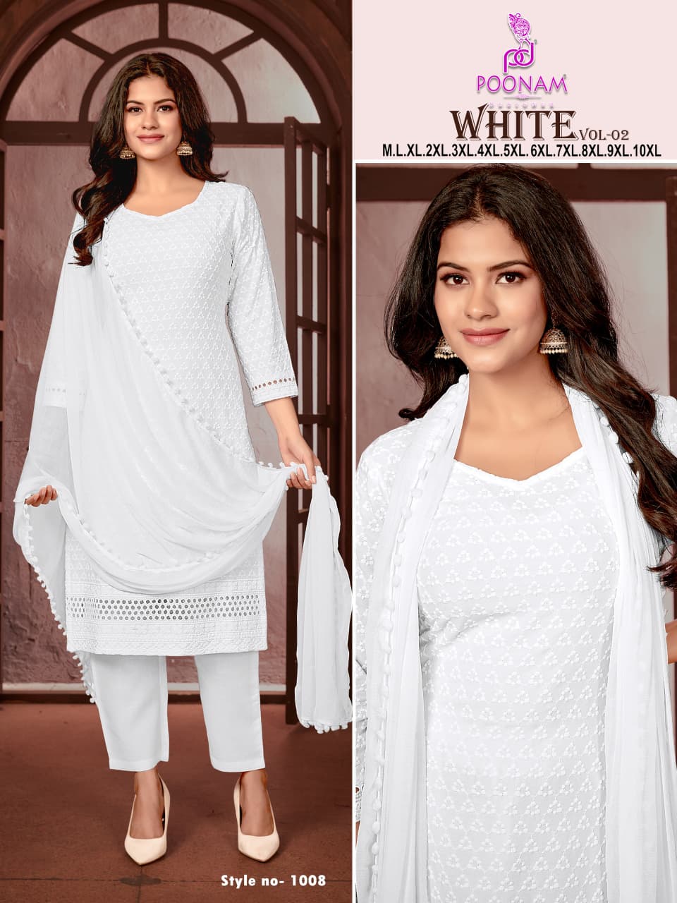 White Plus Size Poonam Designer Rayon Readymade Pant Style Suits Manufacturer