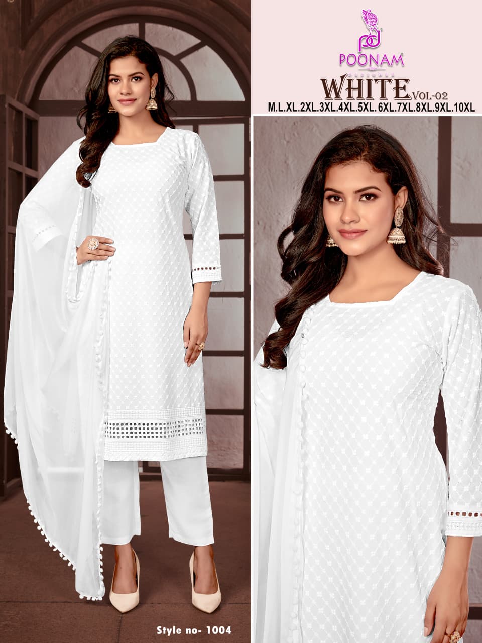 White Plus Size Poonam Designer Rayon Readymade Pant Style Suits Manufacturer