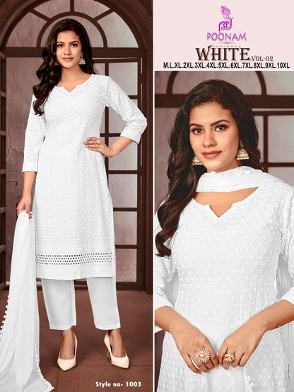 White Plus Size Poonam Designer Rayon Readymade Pant Style Suits Manufacturer