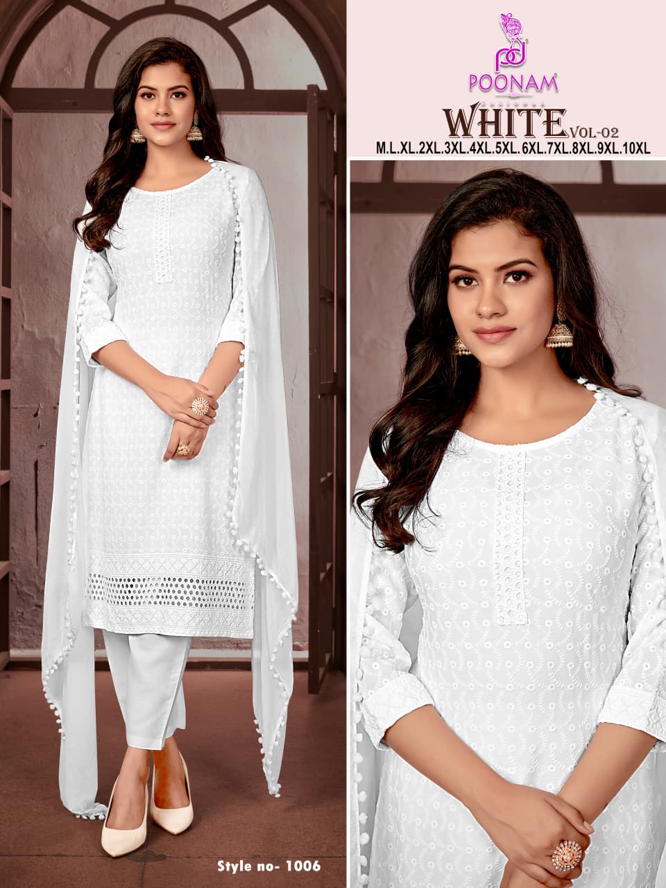 White Plus Size Poonam Designer Rayon Readymade Pant Style Suits Manufacturer