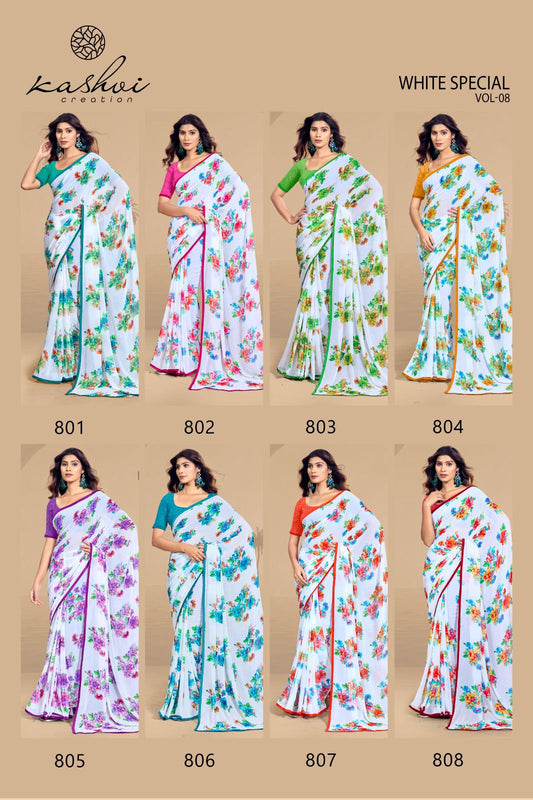 White Special Vol 8 Kashvi Creation Weightless Sarees Supplier Gujarat