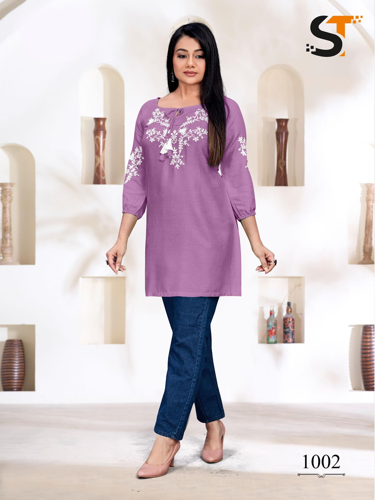 White Thread Work Salas Heavy Rayon Short Kurtis Supplier India