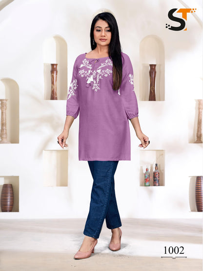 White Thread Work Salas Heavy Rayon Short Kurtis Supplier India
