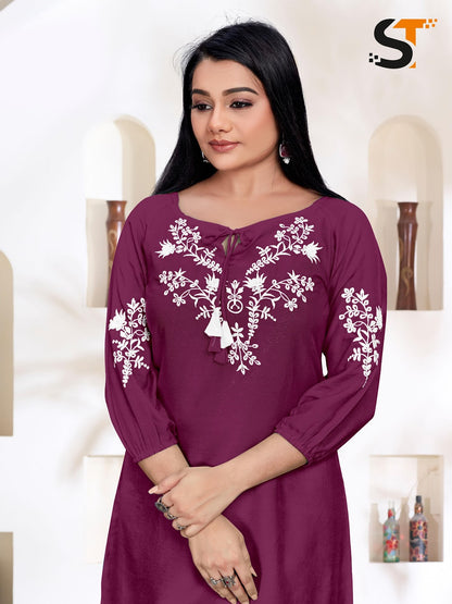 White Thread Work Salas Heavy Rayon Short Kurtis Supplier India