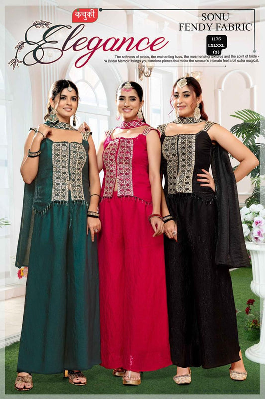 Wholesale Ethnic Wear | Sonu Fendy Fabric Elegance Collection | Kaajukali Palazzo Suits | Manufacturer &amp; Dealer Prices | Teal, Pink, Black |