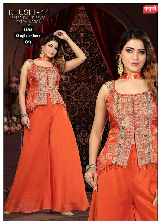 थोक ख़ुशी-44 नारंगी कढ़ाई वाला पलाज़ो सूट सेट 