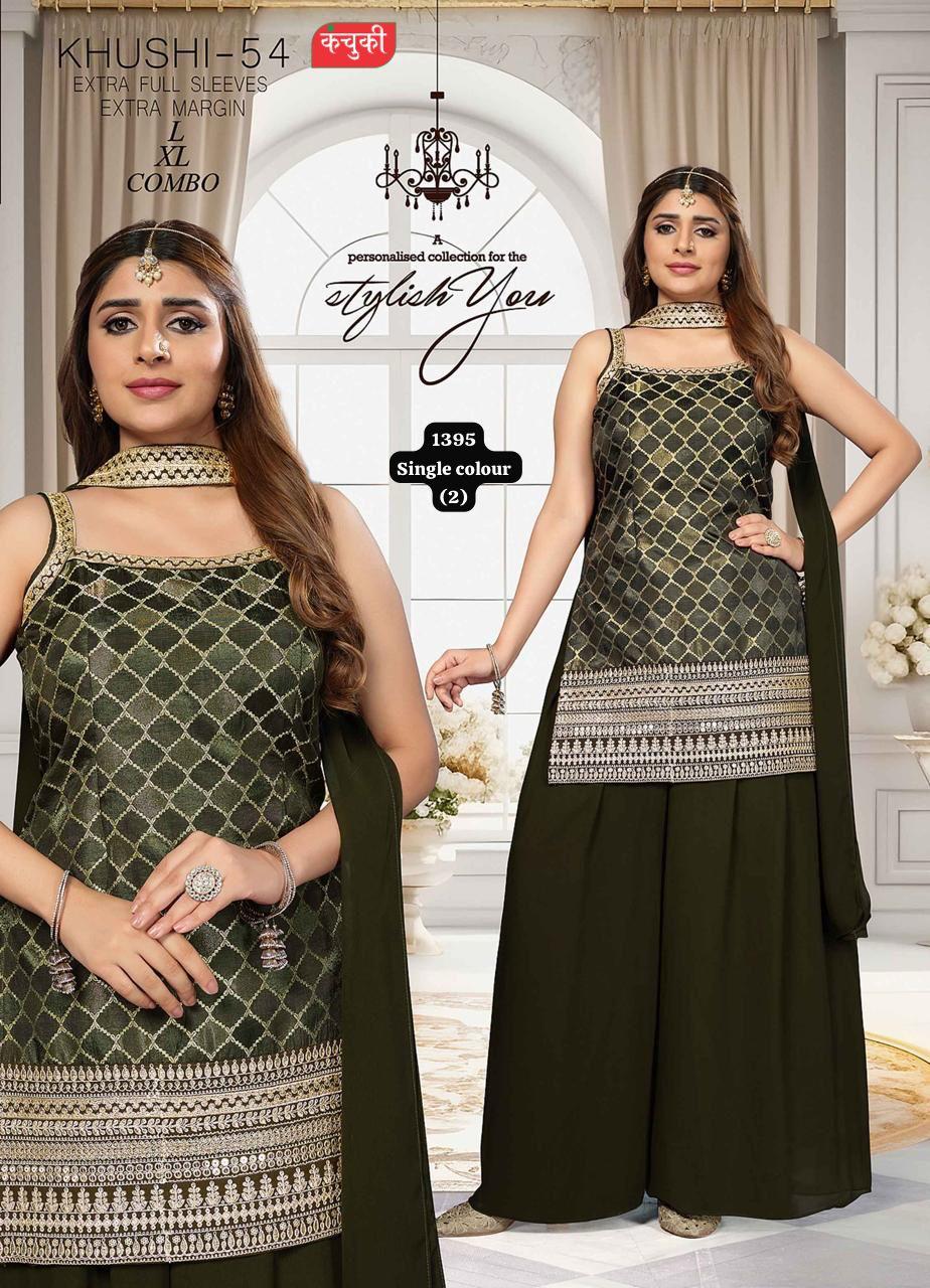 Wholesale Khushi-54 Olive Green Georgette Palazzo Suit | Designer Embroidered Salwar Kameez Set | XL Combo with Extra Sleeves &amp; Margin
