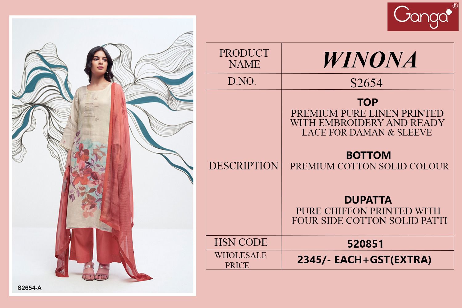 Winona 2654 Ganga Pure Linen Plazzo Style Suits Manufacturer Ahmedabad