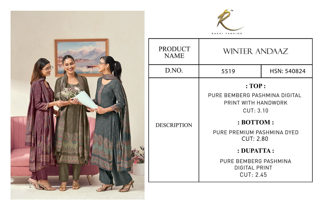 Winter Andaaz Rakhi Fashion Bemberg Pashmina Suits Wholesaler Gujarat