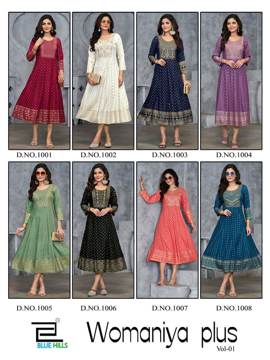 Womaniya Plus Vol 1 Blue Hills Rayon 14Kg Anarkali Kurtis Exporter