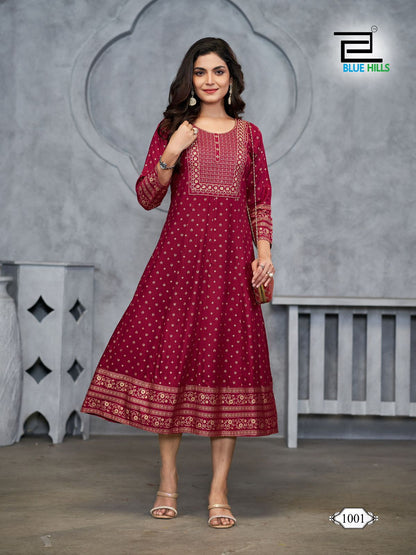 Womaniya Plus Vol 1 Blue Hills Rayon 14Kg Anarkali Kurtis Exporter