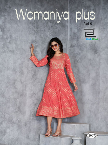 Womaniya Plus Vol 1 Blue Hills Rayon 14Kg Anarkali Kurtis Exporter