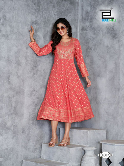 Womaniya Plus Vol 1 Blue Hills Rayon 14Kg Anarkali Kurtis Exporter