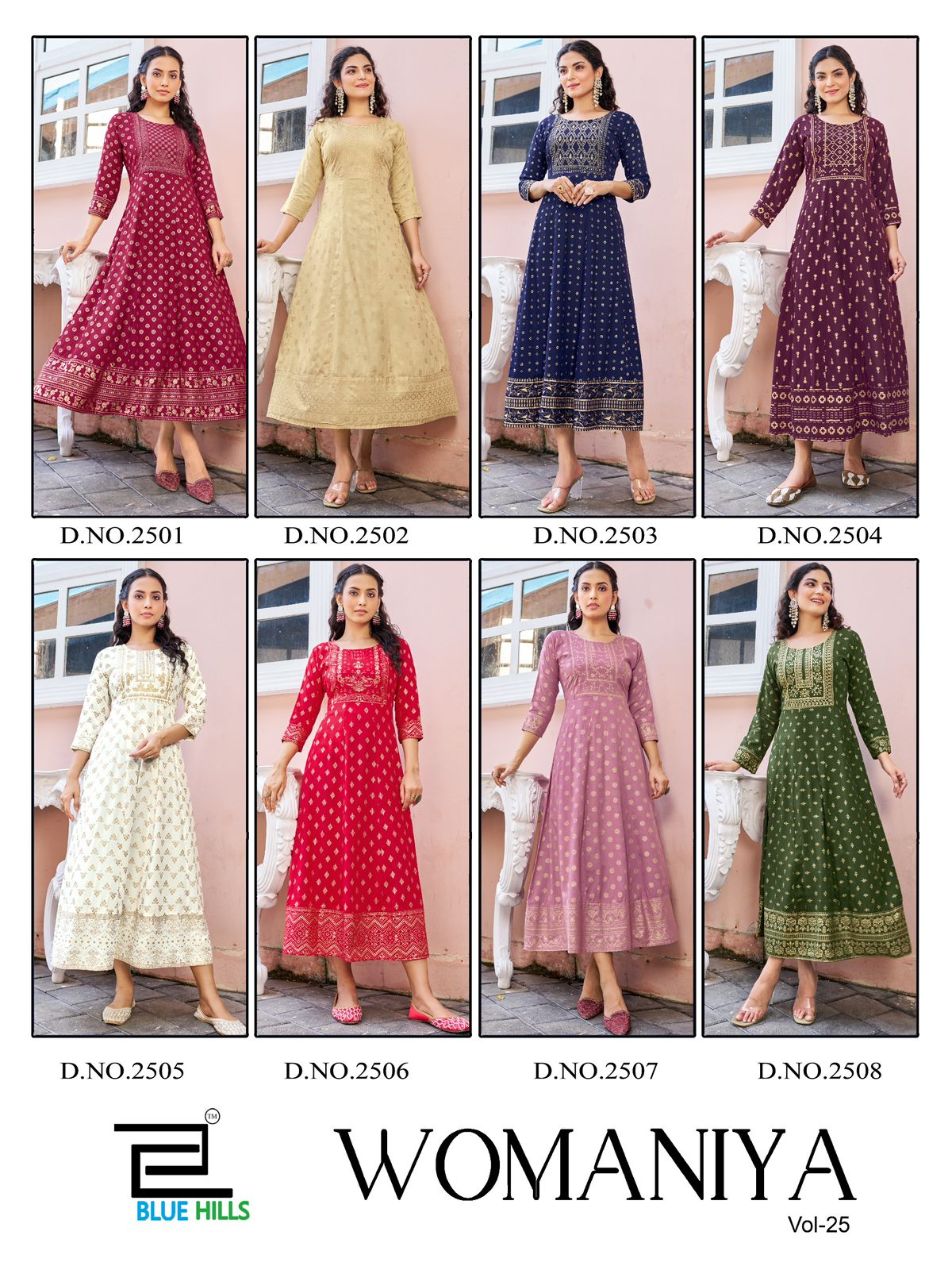Womaniya Vol 25 Blue Hills Rayon 14Kg Anarkali Kurtis Exporter India