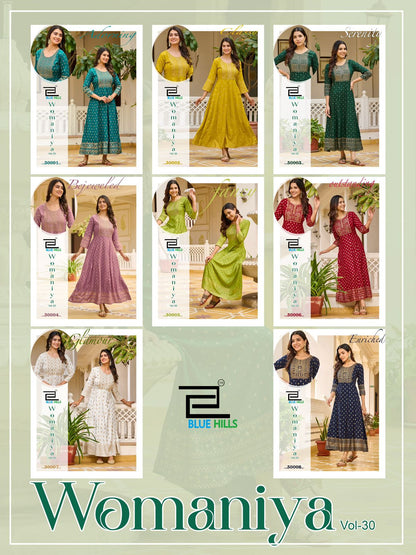 Womaniya Vol 30 Blue Hills Rayon 14Kg Anarkali Kurtis Exporter