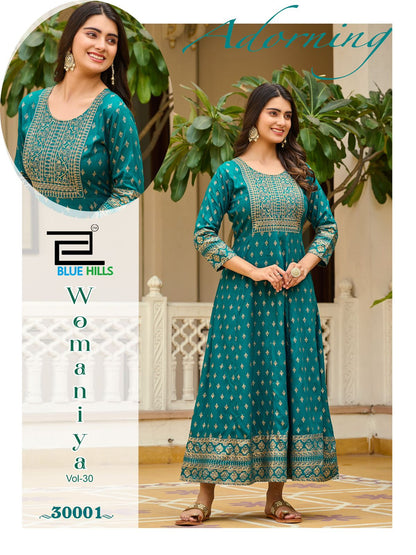 Womaniya Vol 30 Blue Hills Rayon 14Kg Anarkali Kurtis Exporter