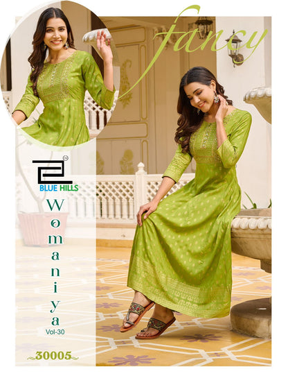 Womaniya Vol 30 Blue Hills Rayon 14Kg Anarkali Kurtis Exporter