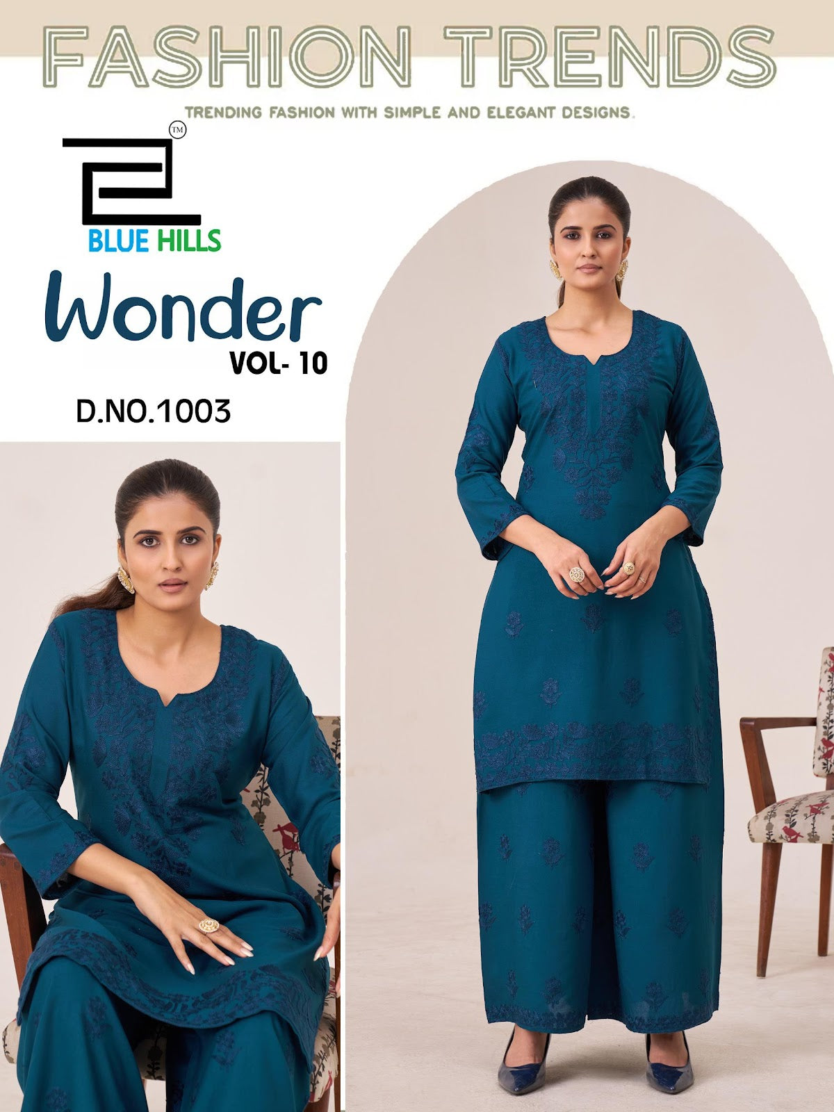 Wonder Vol 10 Blue Hills Rayon 14Kg Kurti Plazzo Set Wholesaler