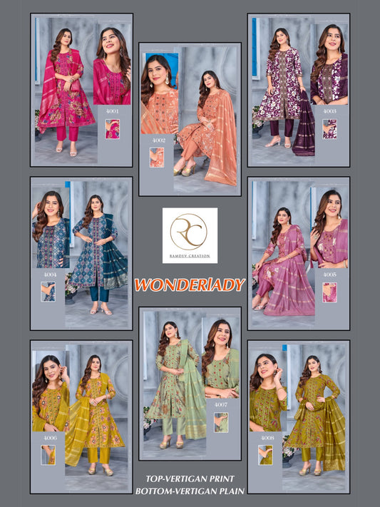 Wonderlady Ramdev Creation Vertigan Readymade Pant Style Suits Manufacturer India