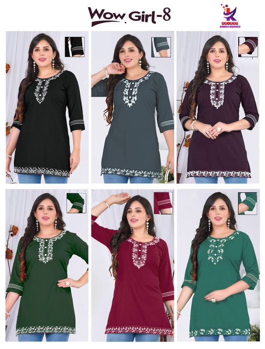 Wow Girl 8 Mlm Kalash Lifestyle Rayon 22Kg Short Kurtis Supplier Ahmedabad