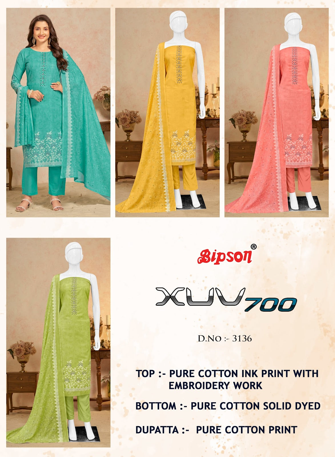 Xuv700 3136 Bipson Prints Pure Cotton Pant Style Suits Supplier Gujarat