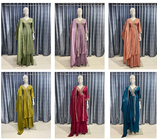 Y Neck Pattern Colorx Vichitra Readymade Plazzo Style Suits Wholesale