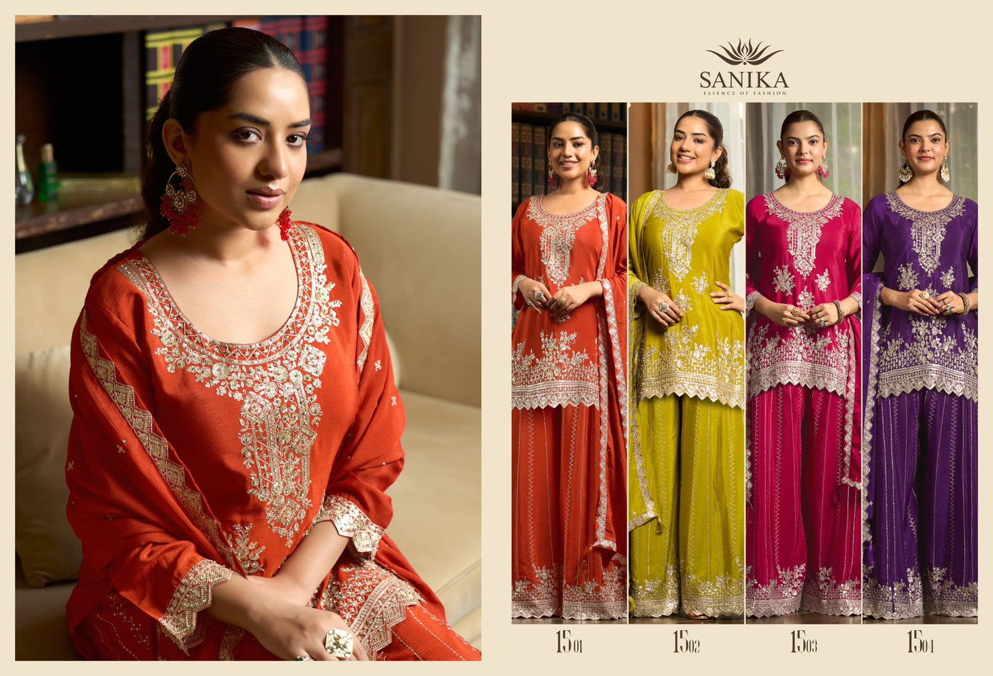 Yaari Sanika Fashion Chinnon Silk Readymade Plazzo Style Suits Exporter India