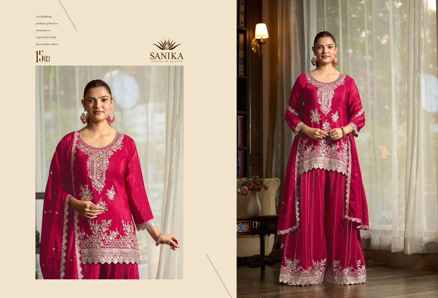 Yaari Sanika Fashion Chinnon Silk Readymade Plazzo Style Suits Exporter India