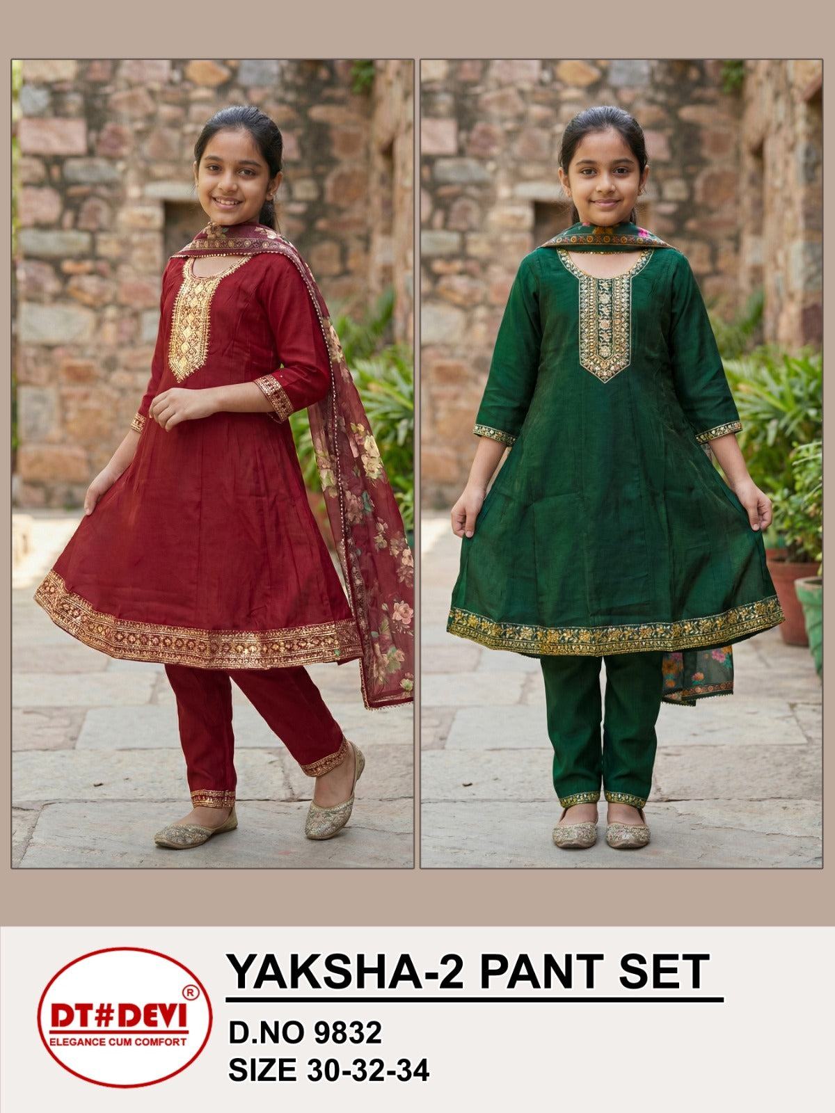 Yaksha 2 Dn 9832 Dt Devi Roman Simmer Girls Readymade Pant Suits Exporter India