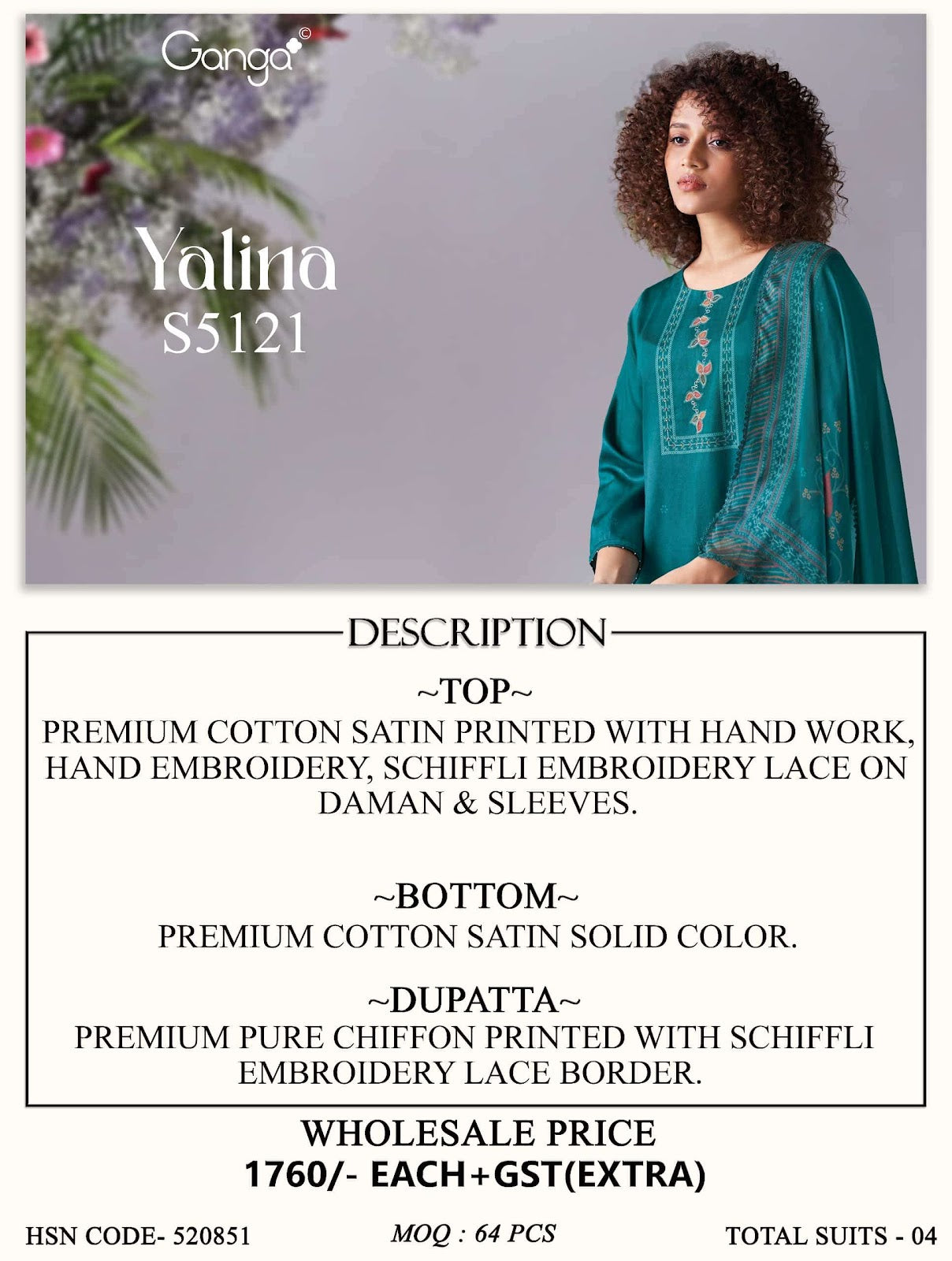 Yalina S5121 Ganga Cotton Satin Pant Style Suits Exporter