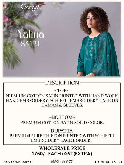 Yalina S5121 Ganga Cotton Satin Pant Style Suits Exporter
