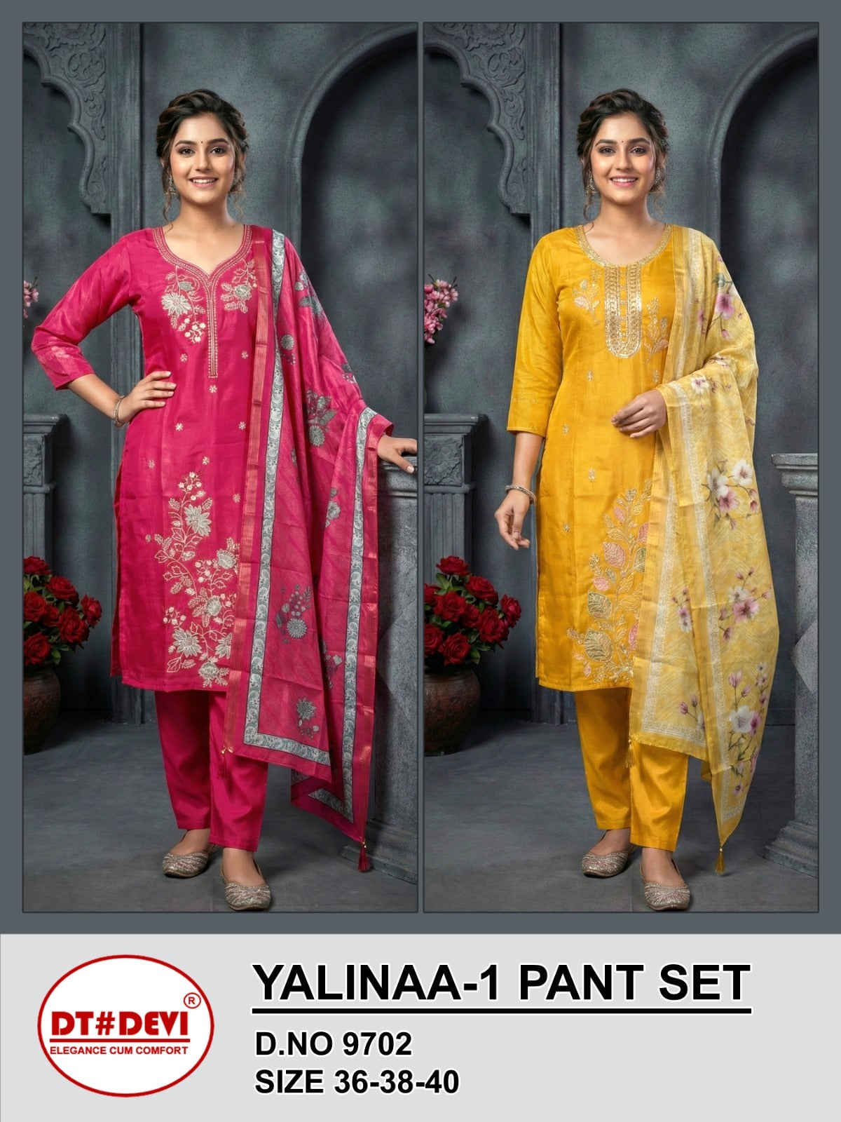 Yalinaa 1 Dn 9702 Dt Devi Roman Girls Readymade Pant Suits Wholesaler