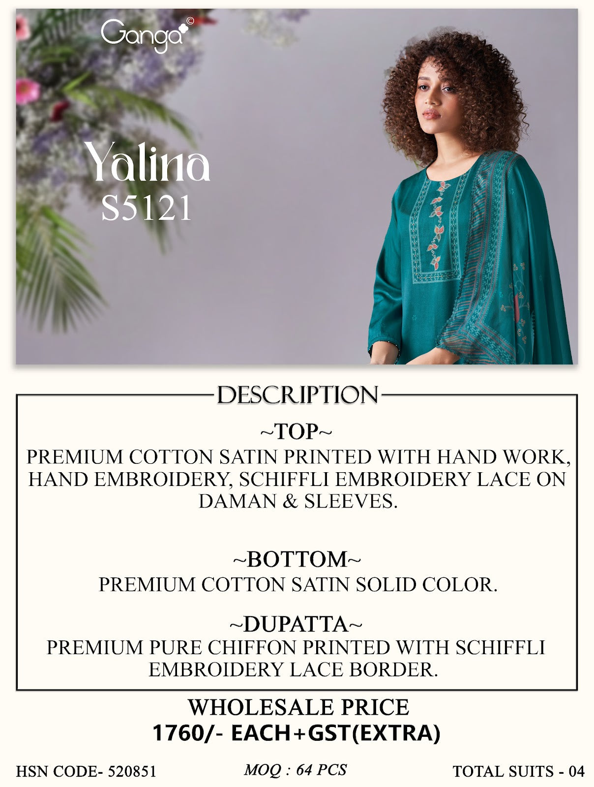 Yalini S5121 Ganga Cotton Satin Pant Style Suits Supplier Ahmedabad