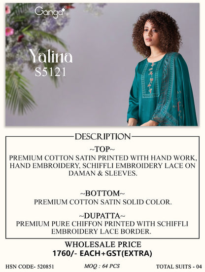Yalini S5121 Ganga Cotton Satin Pant Style Suits Supplier Ahmedabad