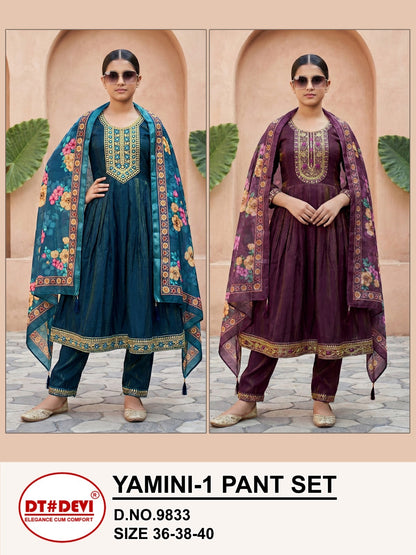Yamini 1 Dn 9833 Dt Devi Roman Shimmer Girls Readymade Pant Suits Wholesaler Gujarat